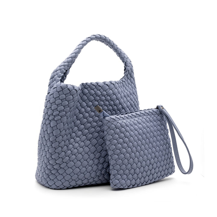 Woven Mini Tote Bag with Matching Purse - Dusty Blue