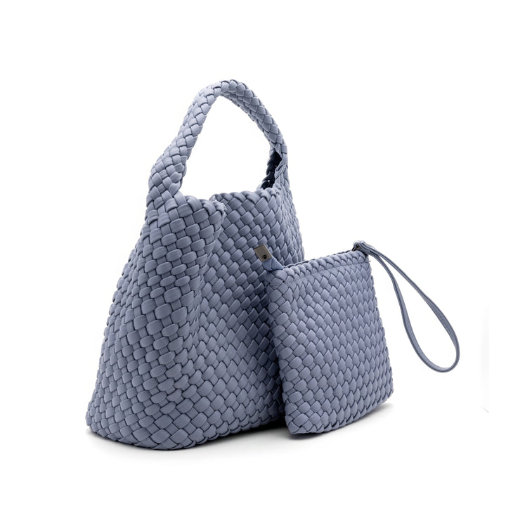 Woven Mini Tote Bag with Matching Purse - Dusty Blue