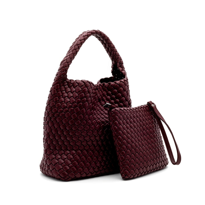 Woven Mini Tote Bag with Matching Purse - Burgundy