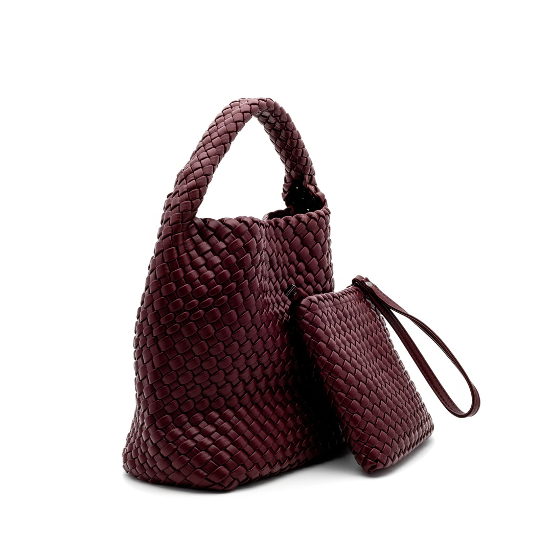 Woven Mini Tote Bag with Matching Purse - Burgundy