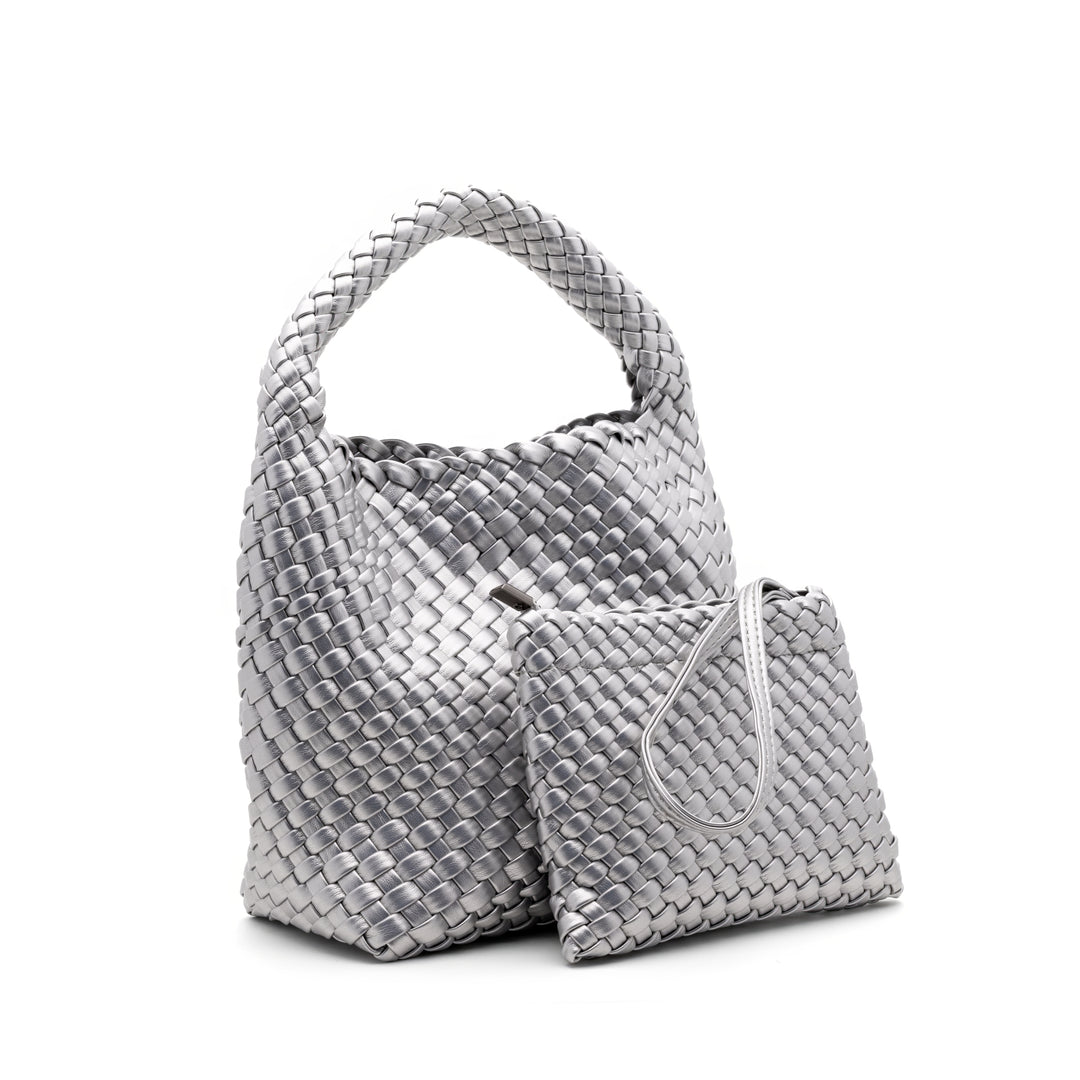 Woven Mini Tote Bag with Matching Purse - Silver