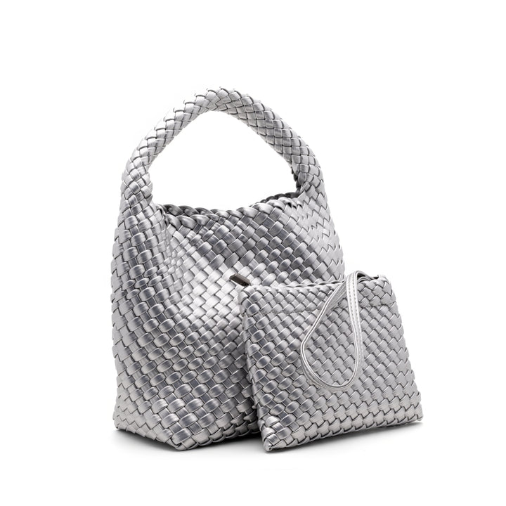 Woven Mini Tote Bag with Matching Purse - Silver