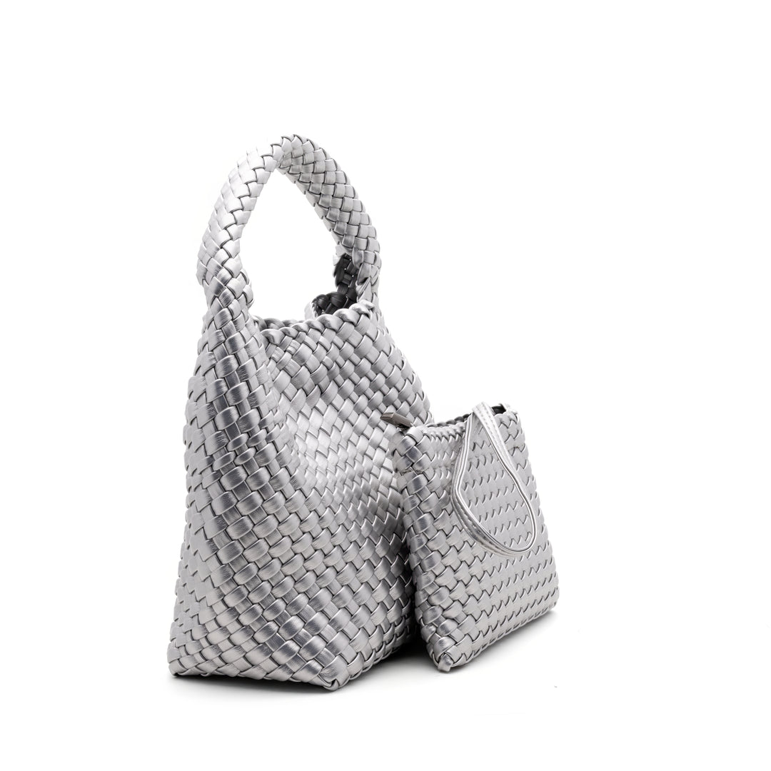 Woven Mini Tote Bag with Matching Purse - Silver