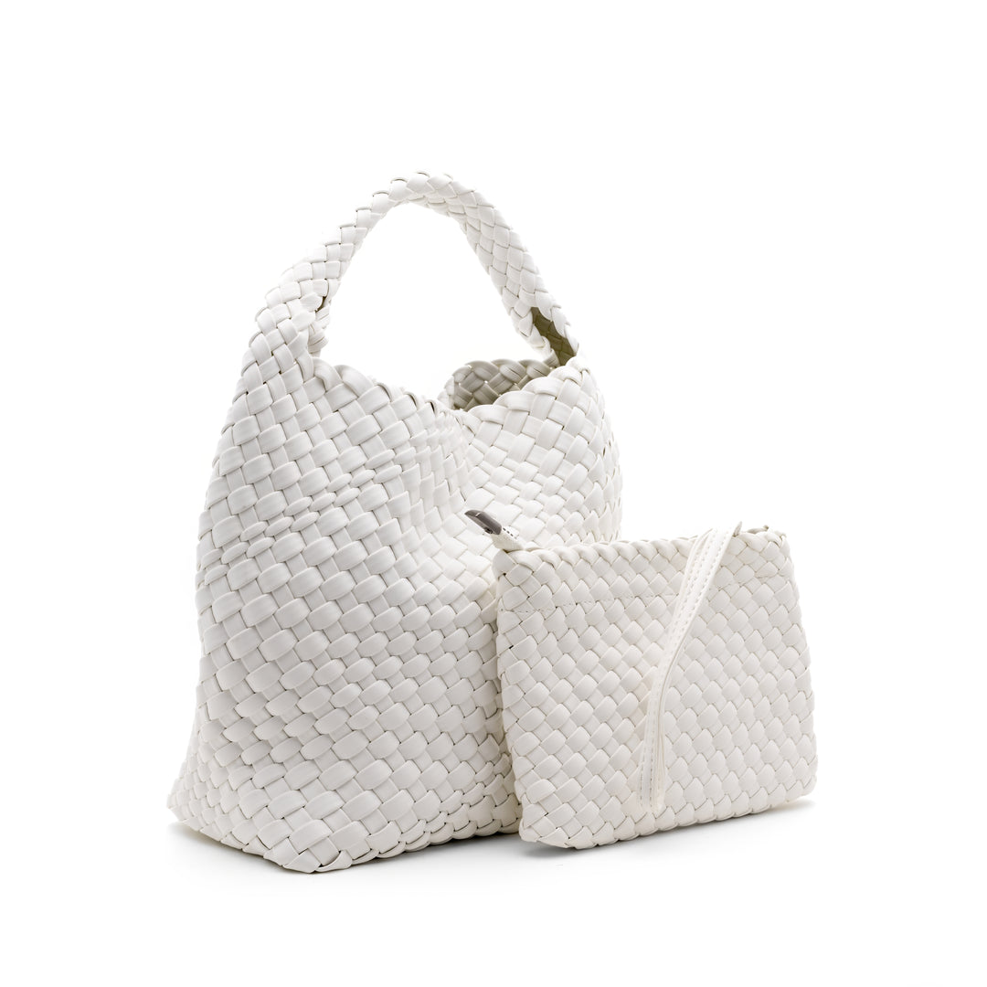 Woven Mini Tote Bag with Matching Purse - White