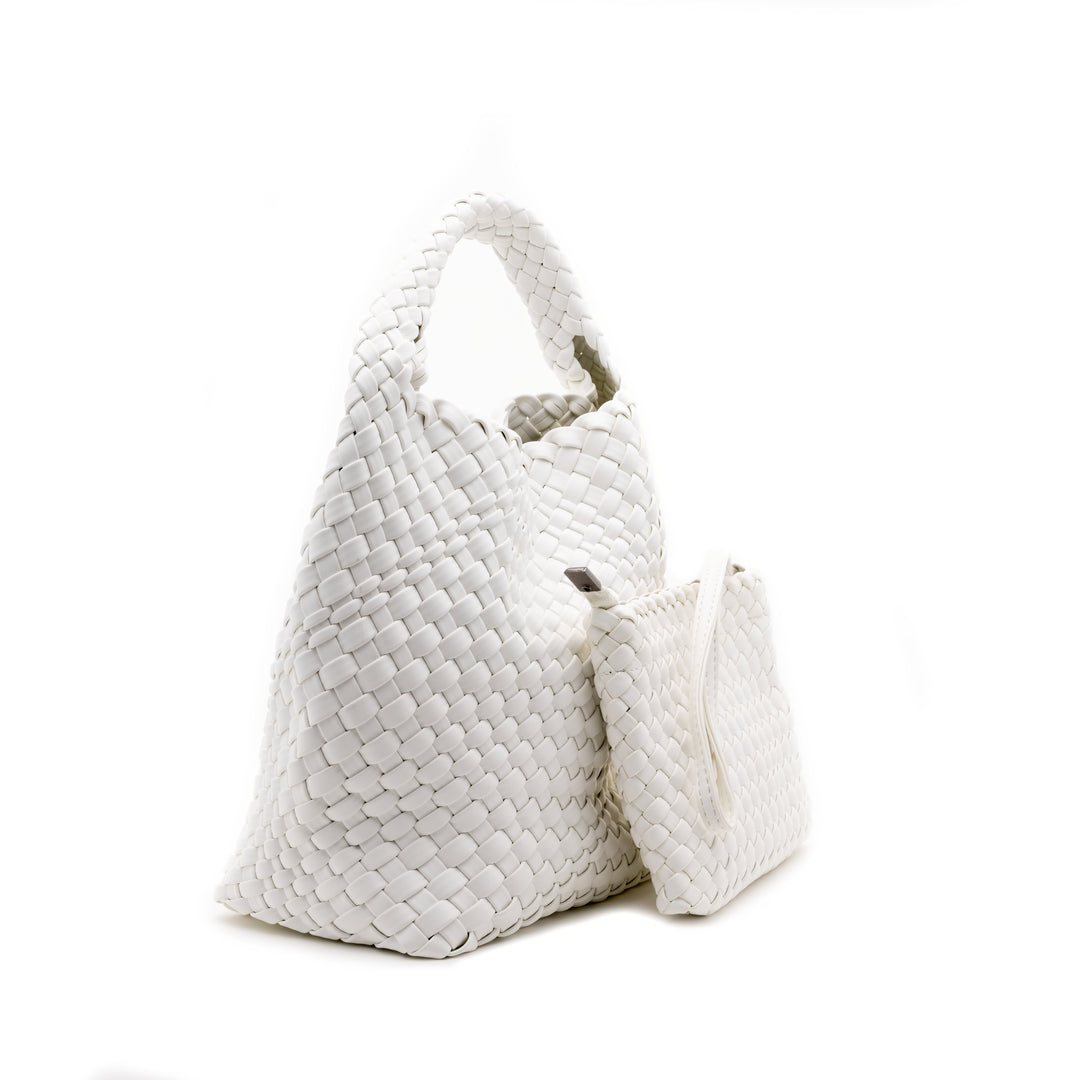 Woven Mini Tote Bag with Matching Purse - White