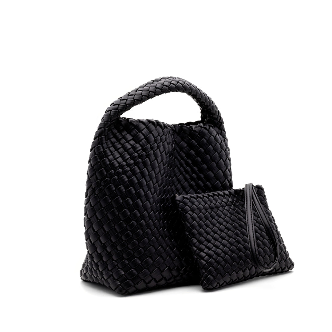 Woven Mini Tote Bag with Matching Purse - Black