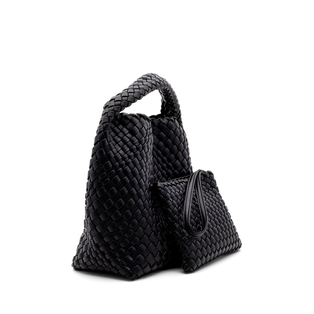 Woven Mini Tote Bag with Matching Purse - Black