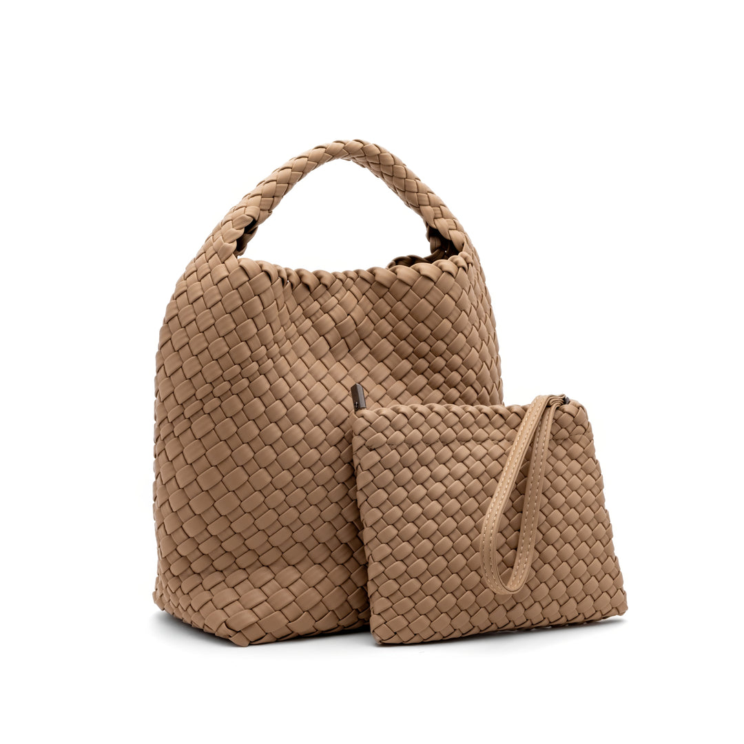 Woven Mini Tote Bag with Matching Purse - Beige