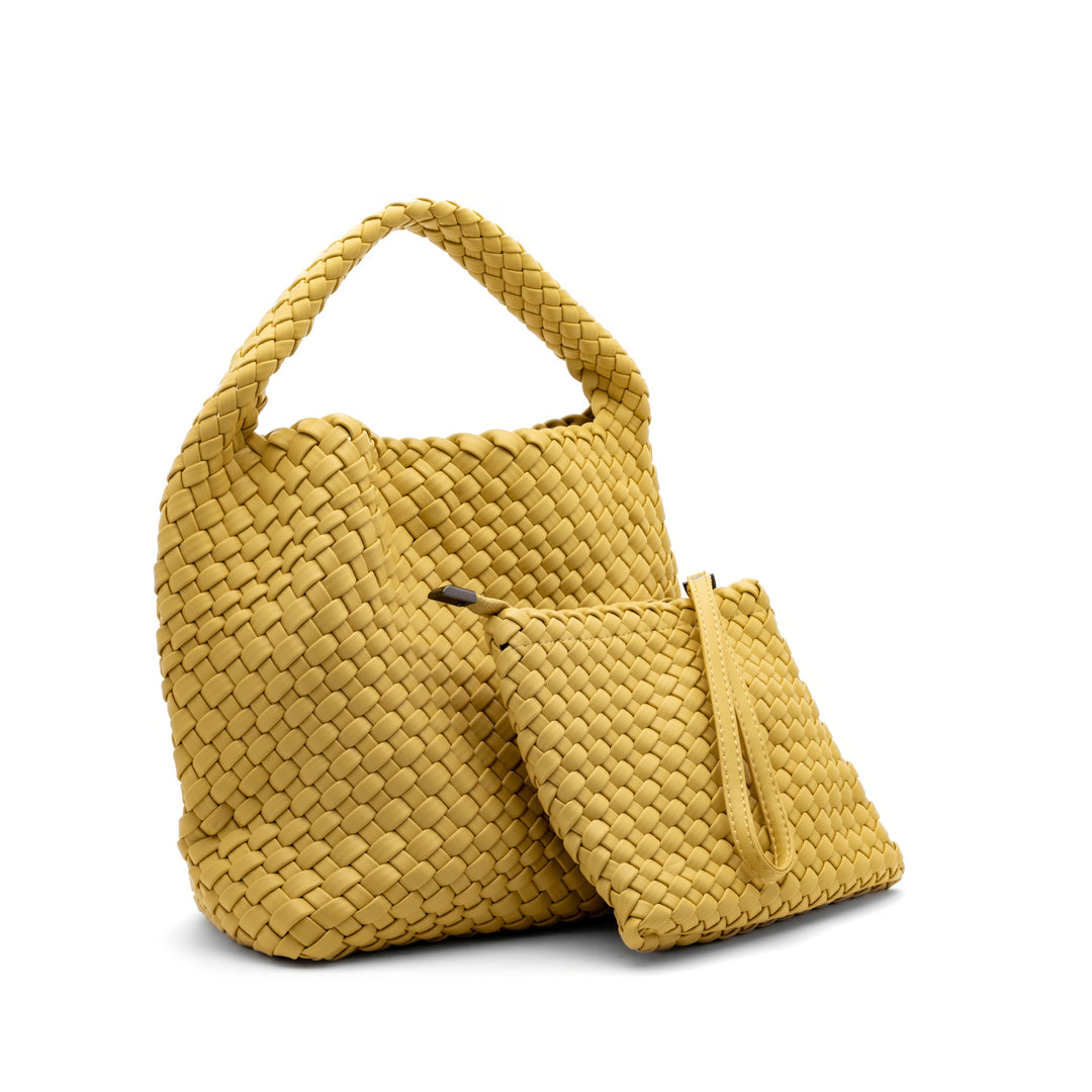 Woven Mini Tote Bag with Matching Purse - Mustard