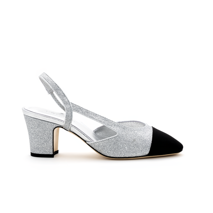 Glitter Slingback Mid-Heel Pumps - Silver