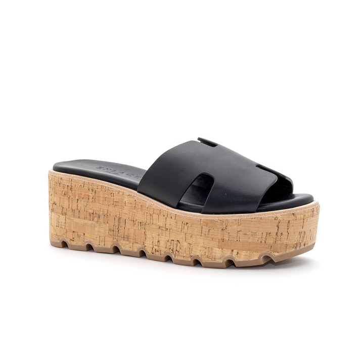 Cork Platform Slide Sandals - Black