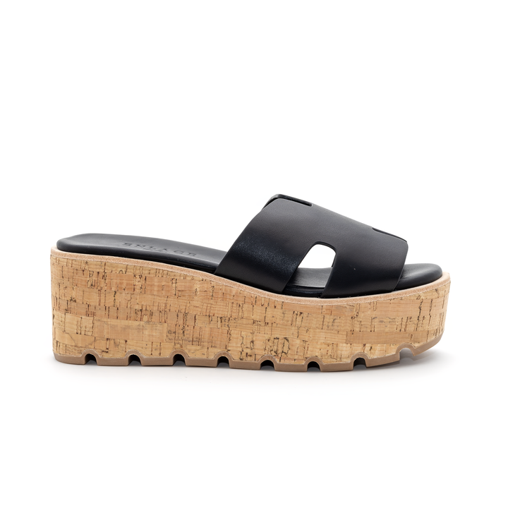 Cork Platform Slide Sandals - Black