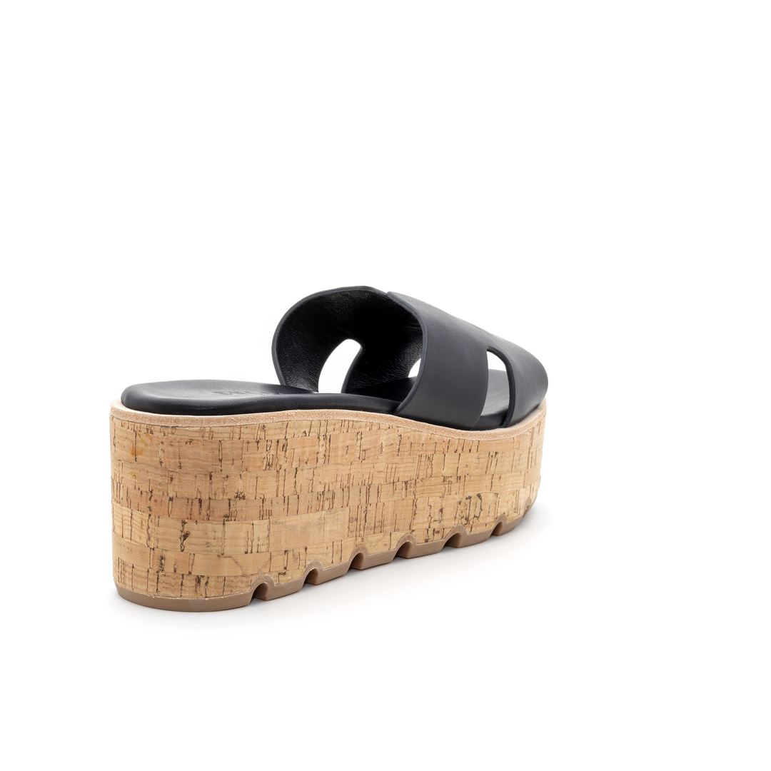 Cork Platform Slide Sandals - Black