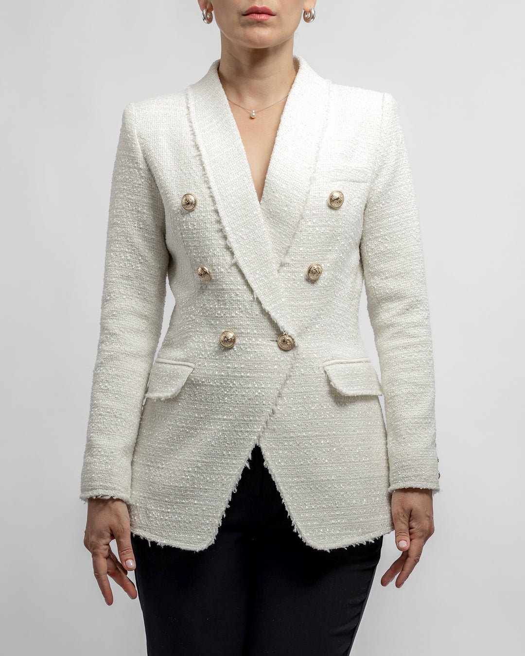 Double-Breasted Tweed Blazer - White