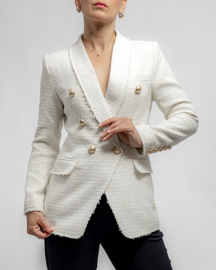 Double-Breasted Tweed Blazer - White