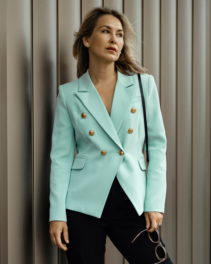 Double-Breasted Mint Blazer with Gold Buttons