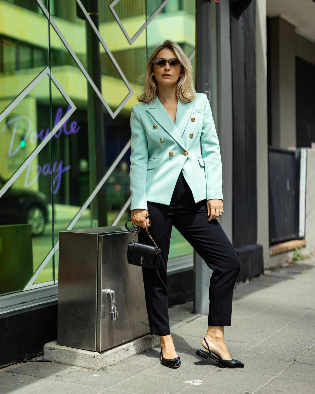 Double-Breasted Mint Blazer with Gold Buttons