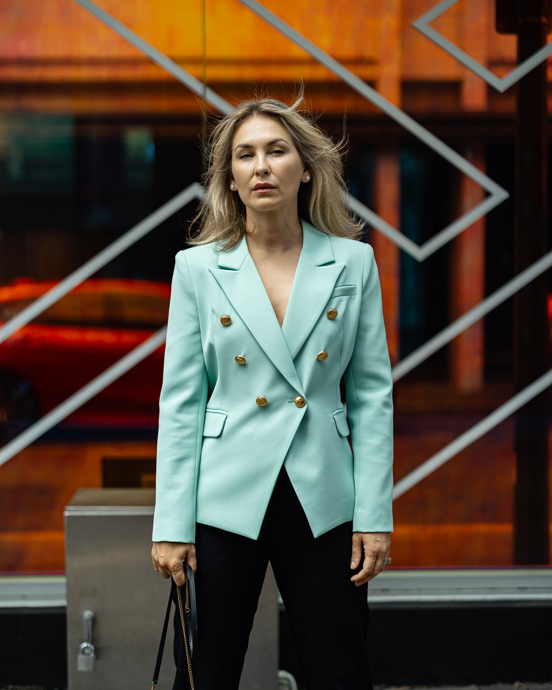 Double-Breasted Mint Blazer with Gold Buttons