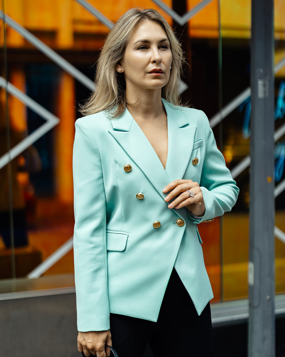 Double-Breasted Mint Blazer with Gold Buttons