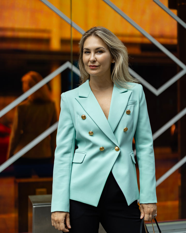 Double-Breasted Mint Blazer with Gold Buttons