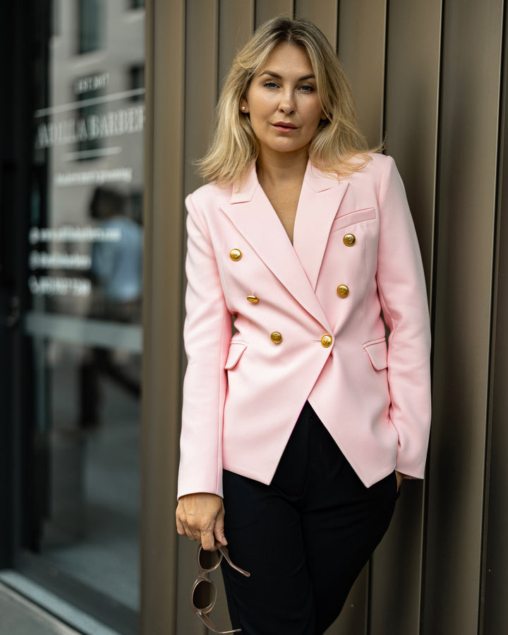 Double-Breasted Pink Blazer with Gold Buttons