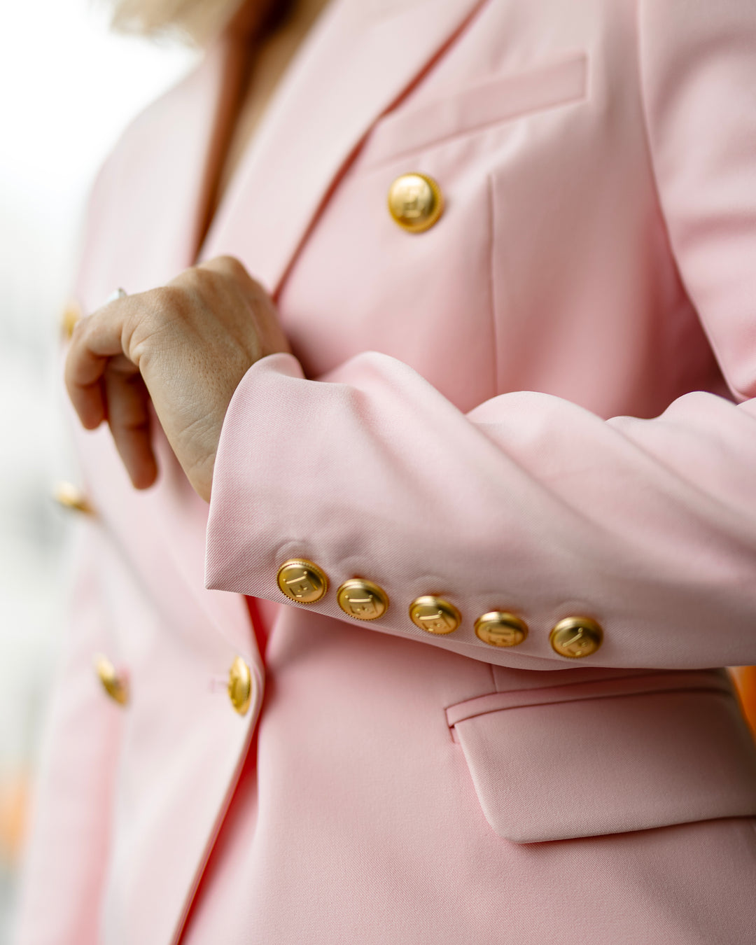 Double-Breasted Pink Blazer with Gold Buttons