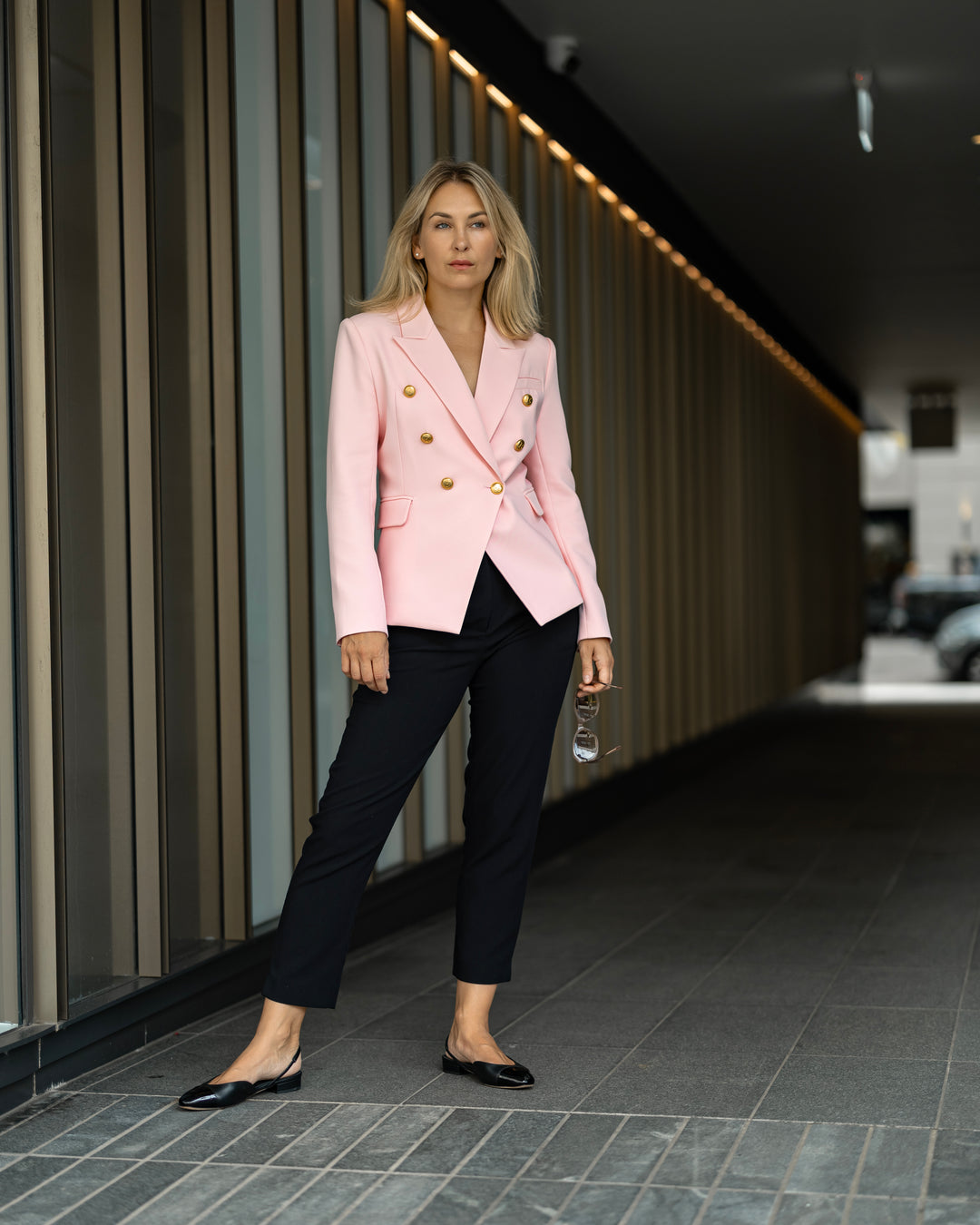 Double-Breasted Pink Blazer with Gold Buttons