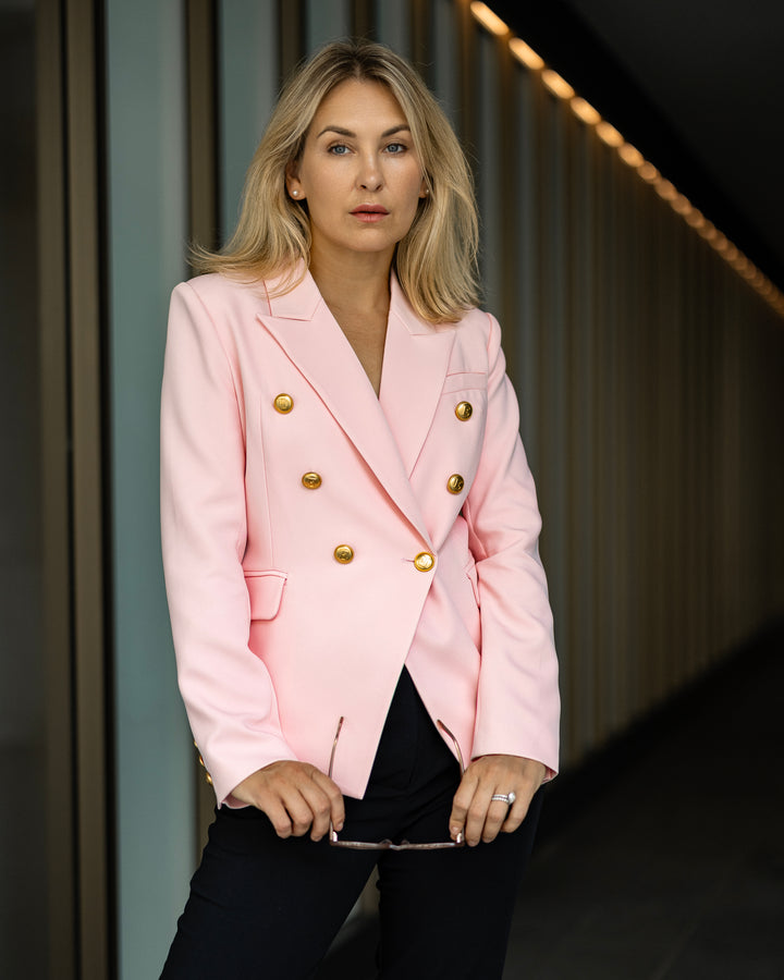 Double-Breasted Pink Blazer with Gold Buttons