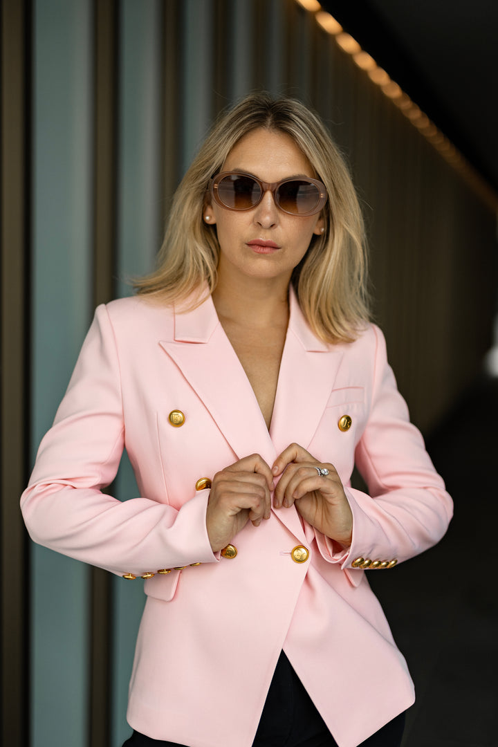 Double-Breasted Pink Blazer with Gold Buttons