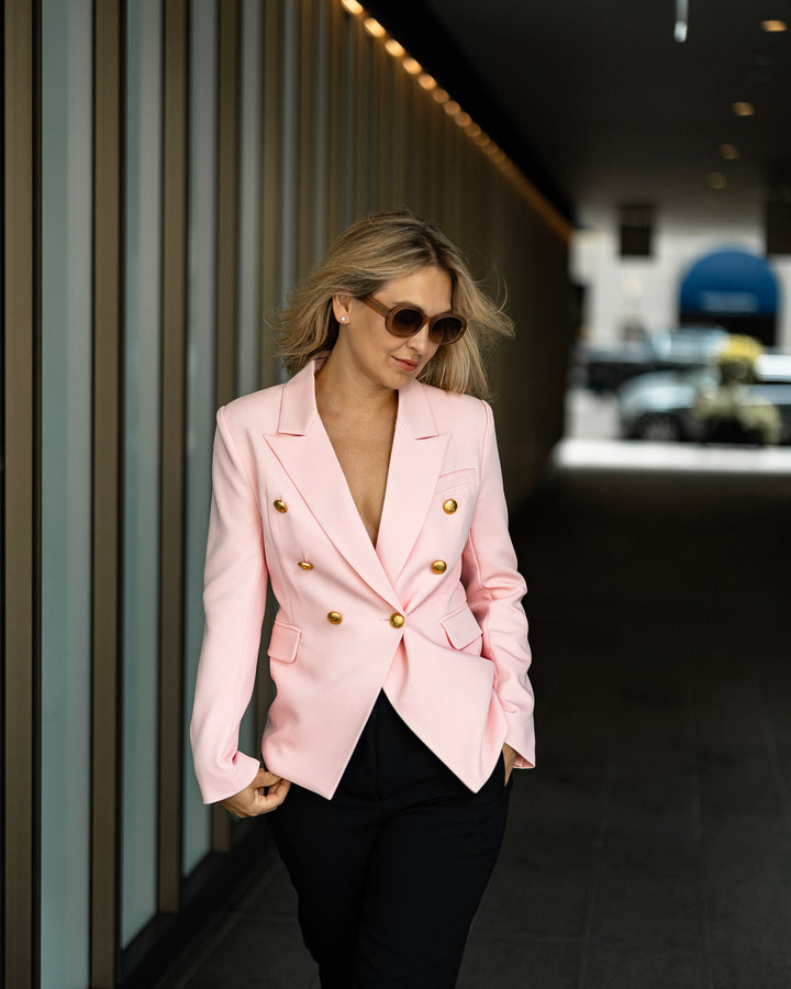 Double-Breasted Pink Blazer with Gold Buttons