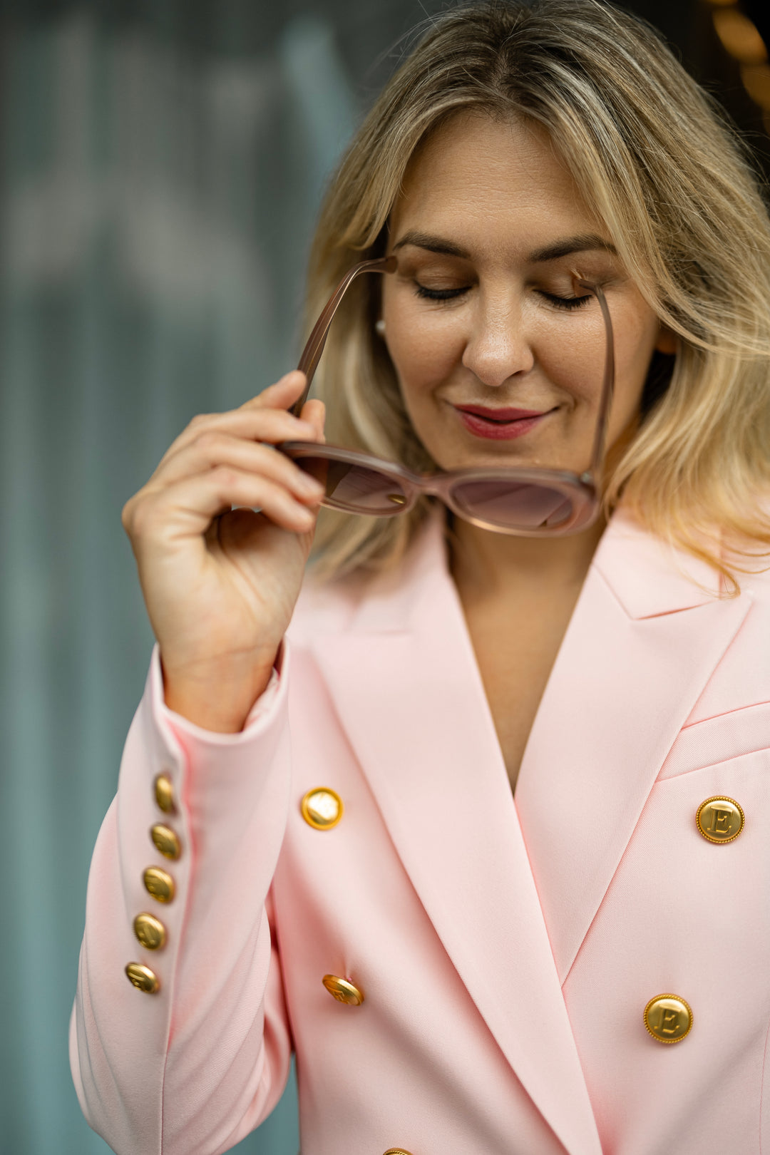 Double-Breasted Pink Blazer with Gold Buttons