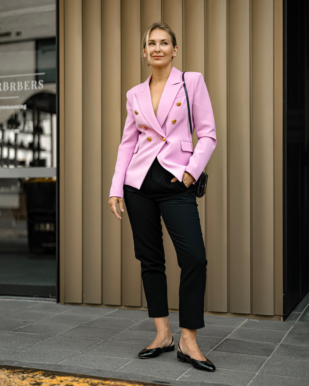 Double-Breasted Berry Blazer with Gold Buttons