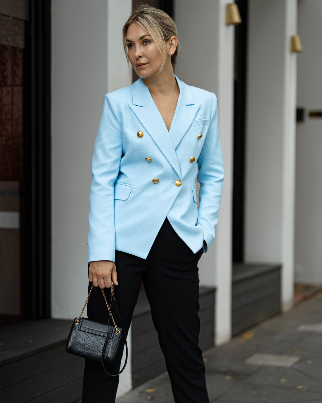 Double-Breasted Sky Blue Blazer with Gold Buttons