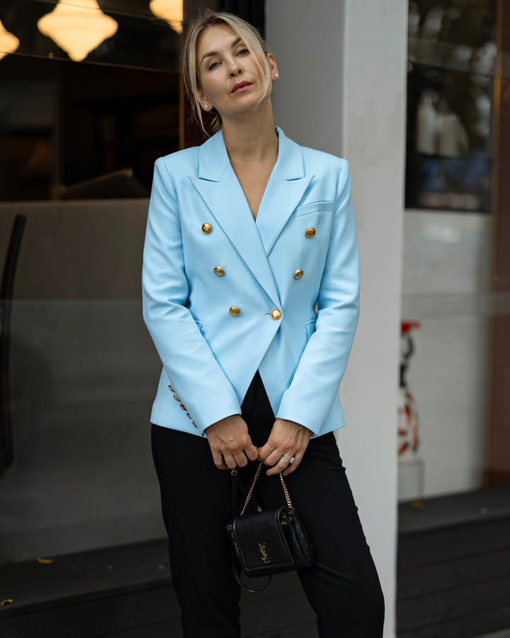 Double-Breasted Sky Blue Blazer with Gold Buttons