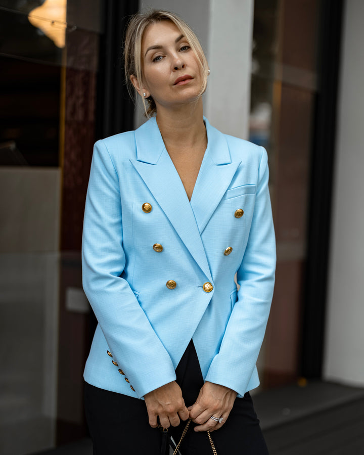 Double-Breasted Sky Blue Blazer with Gold Buttons