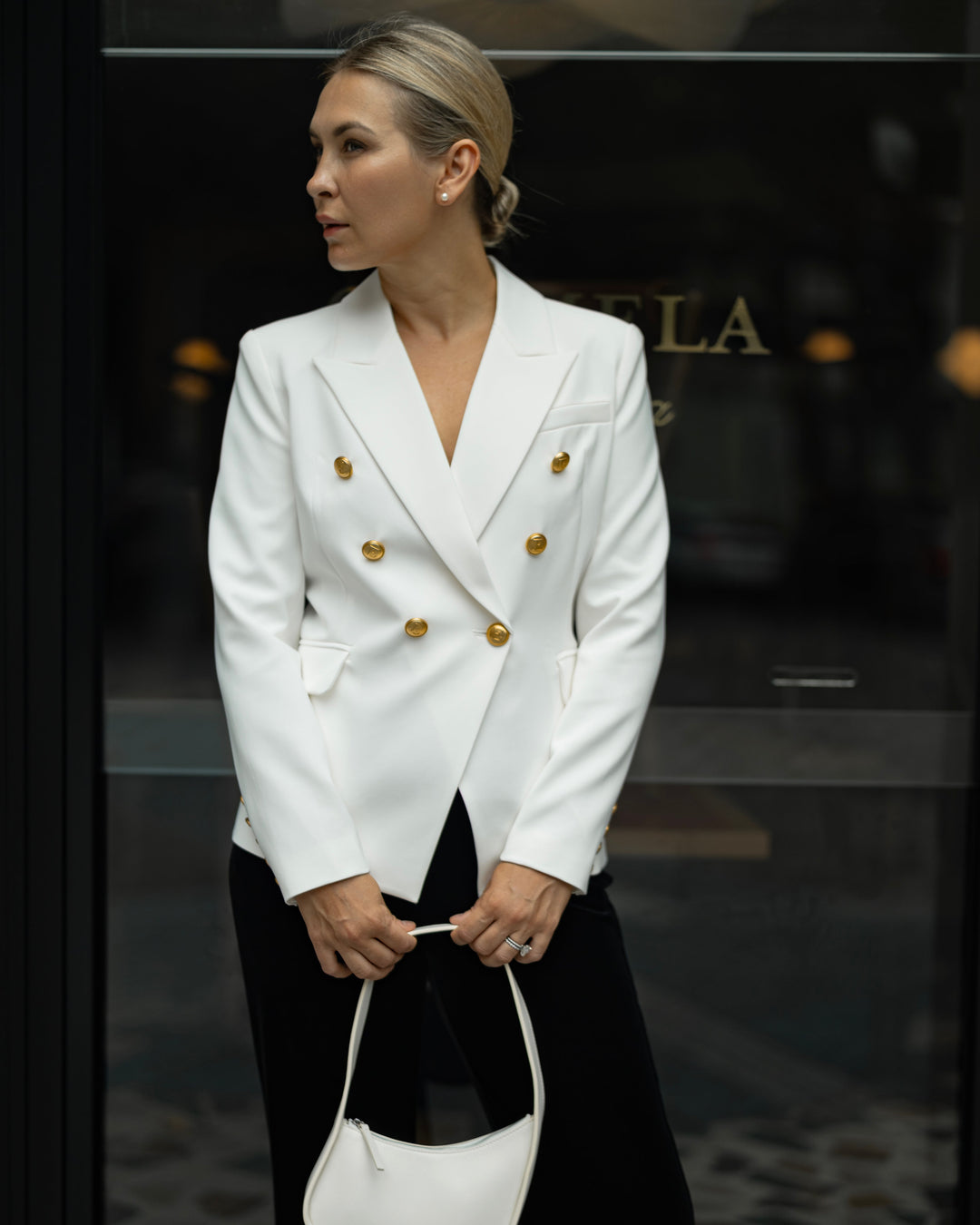 Double-Breasted White Blazer with Gold Buttons