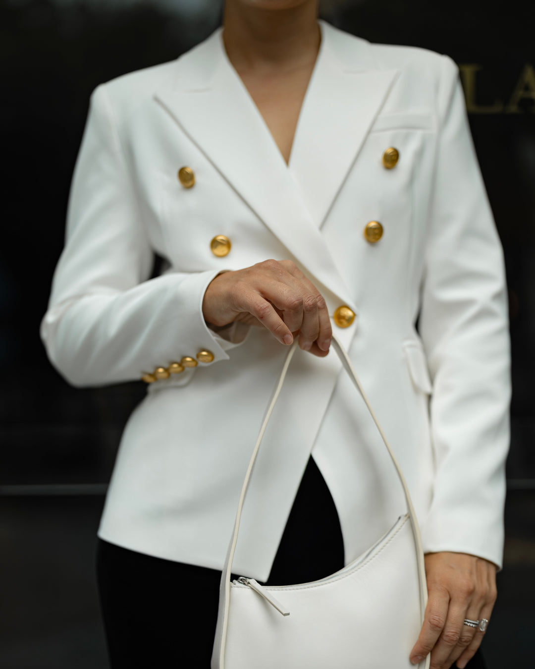 Double-Breasted White Blazer with Gold Buttons