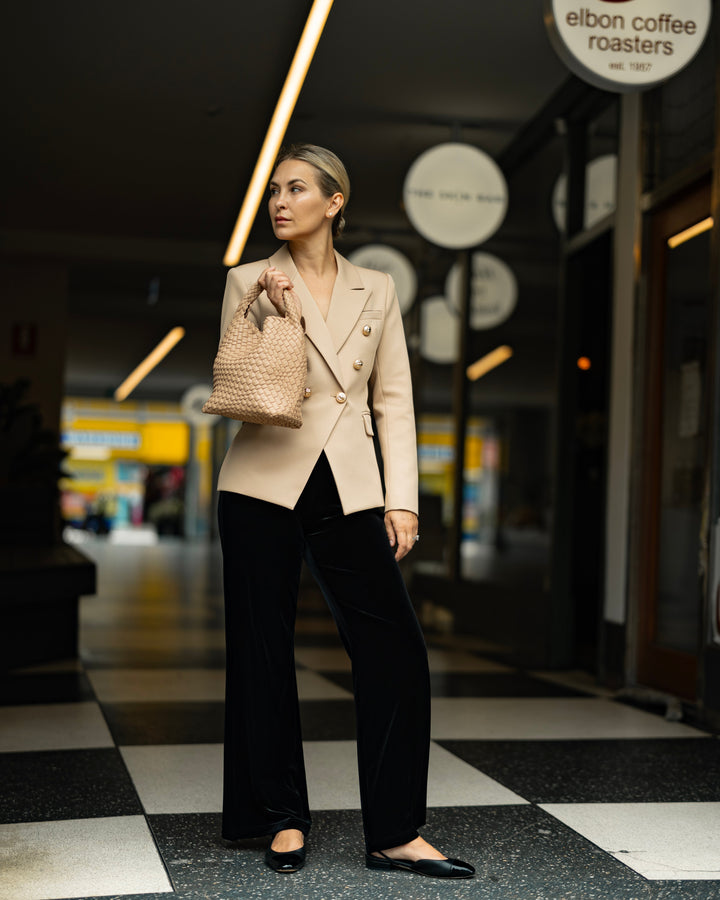 Double-Breasted Camel Blazer with Gold Buttons