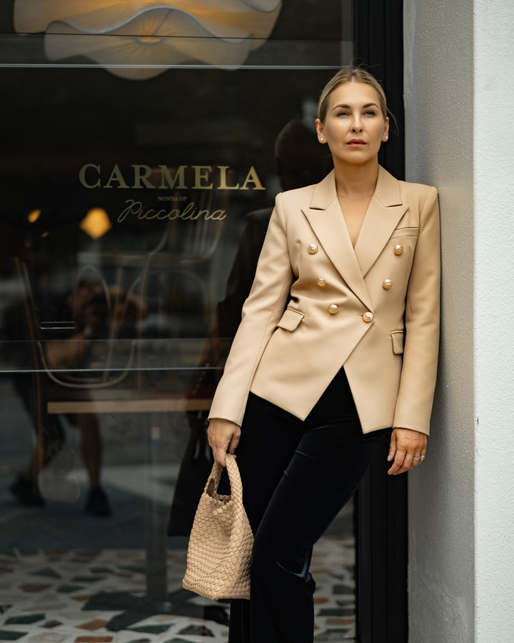 Double-Breasted Camel Blazer with Gold Buttons