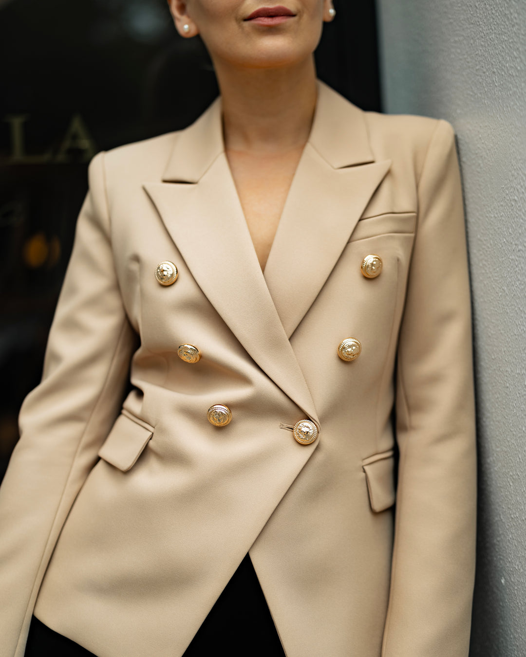 Double-Breasted Camel Blazer with Gold Buttons