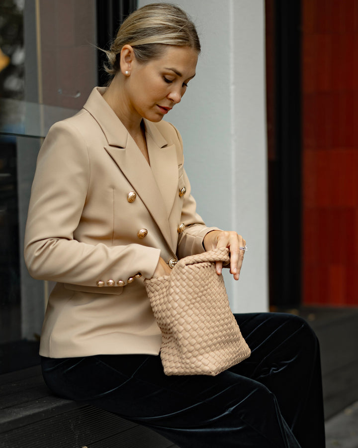 Double-Breasted Camel Blazer with Gold Buttons