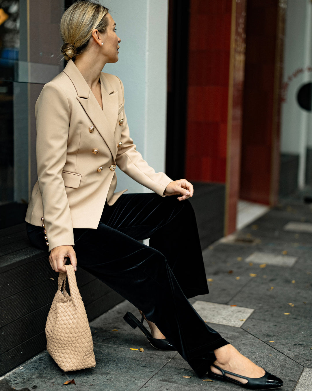 Double-Breasted Camel Blazer with Gold Buttons