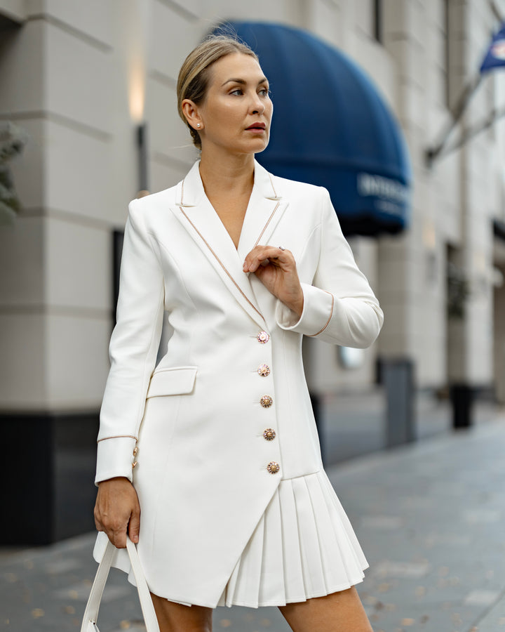 Elegance Pleated Blazer Dress - White