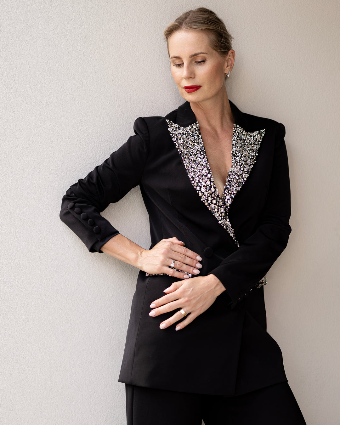 Embellished Black Blazer with Crystal Detailing