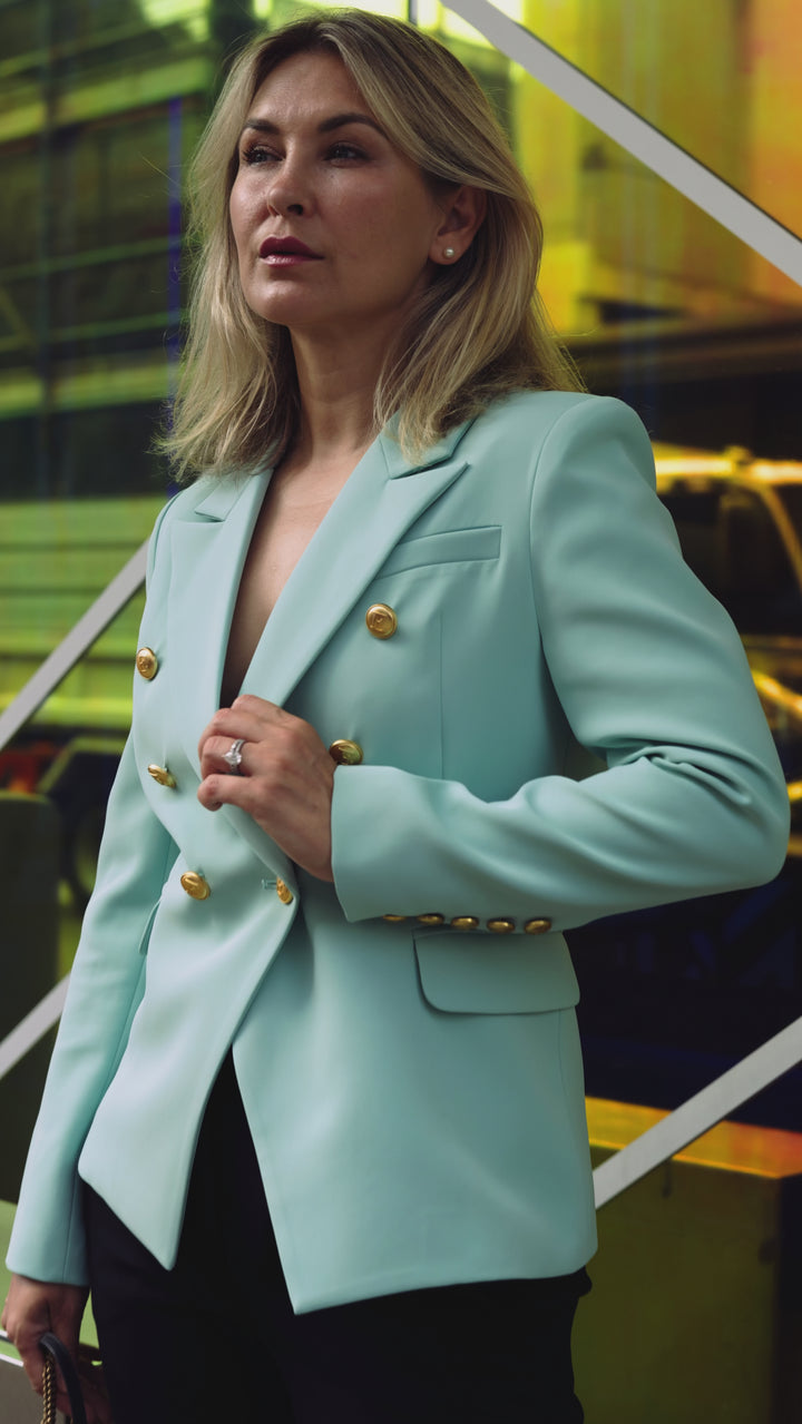 Double-Breasted Mint Blazer with Gold Buttons